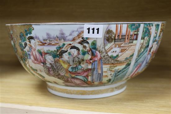 A Chinese famille rose mandarin pattern punch bowl, Qianlong period, diameter 38.5cm, cracked and rivetted